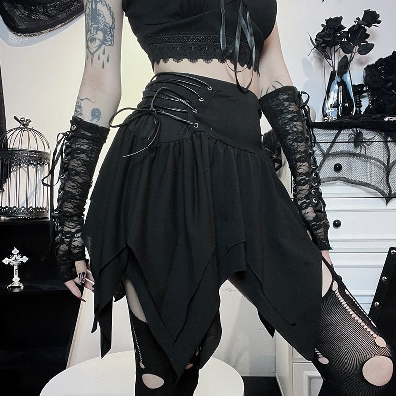 Goth Dark Bandage Side Pointed Hem Mini Skirt Grunge Style Black High Waist A-line Skirt Punk Emo Sexy Women Alternative Bottoms