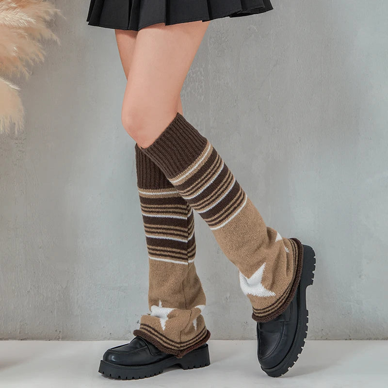 Emo Goth Leg Warmers y2k Aesthetic Women Striped Star Pattern Knit Leg Sleeves Grunge Harajuku Leg Socks Accessories