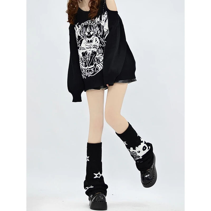 Emo Gothic Leg Warmers Skull Harajuku Kawaii Leg Warmer Striped Knitted Socks Lolita Leg Cover Pile Socks Boot Cuff Boot Sleeves