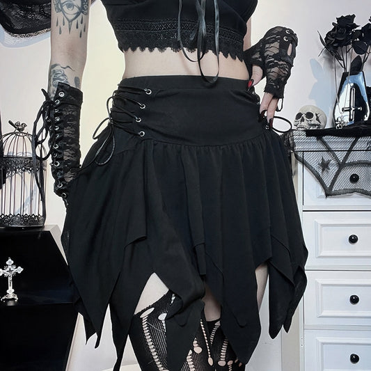 Goth Dark Bandage Side Pointed Hem Mini Skirt Grunge Style Black High Waist A-line Skirt Punk Emo Sexy Women Alternative Bottoms