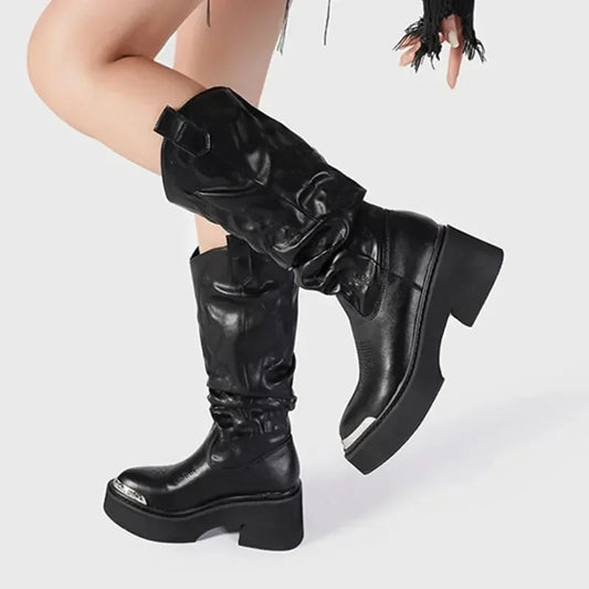 Luxury Brand Motorcycle Women's Calf Boots Platform Chunky High Heels Goth Metal Punk Shoes for Women Winter Comfy Design Boots