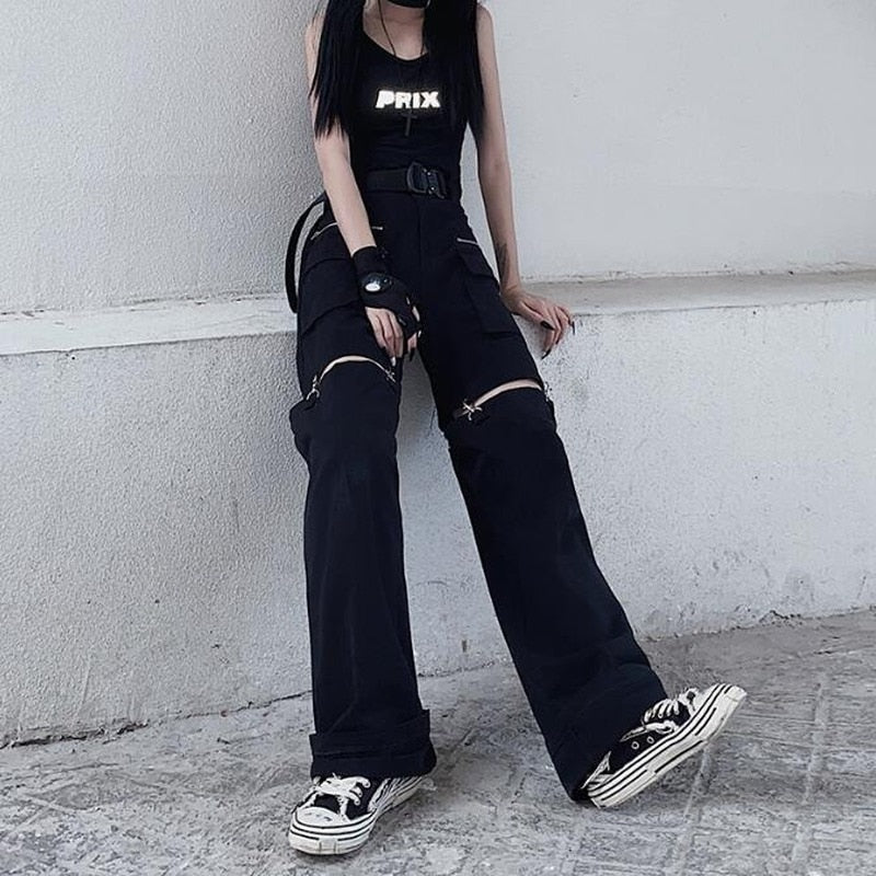 Deeptown Gothic Techwear Emo Black Cargo Pants Women Punk Oversize Hollow Out Wide Leg Pocket Trousers for Female Goth Hip Hop