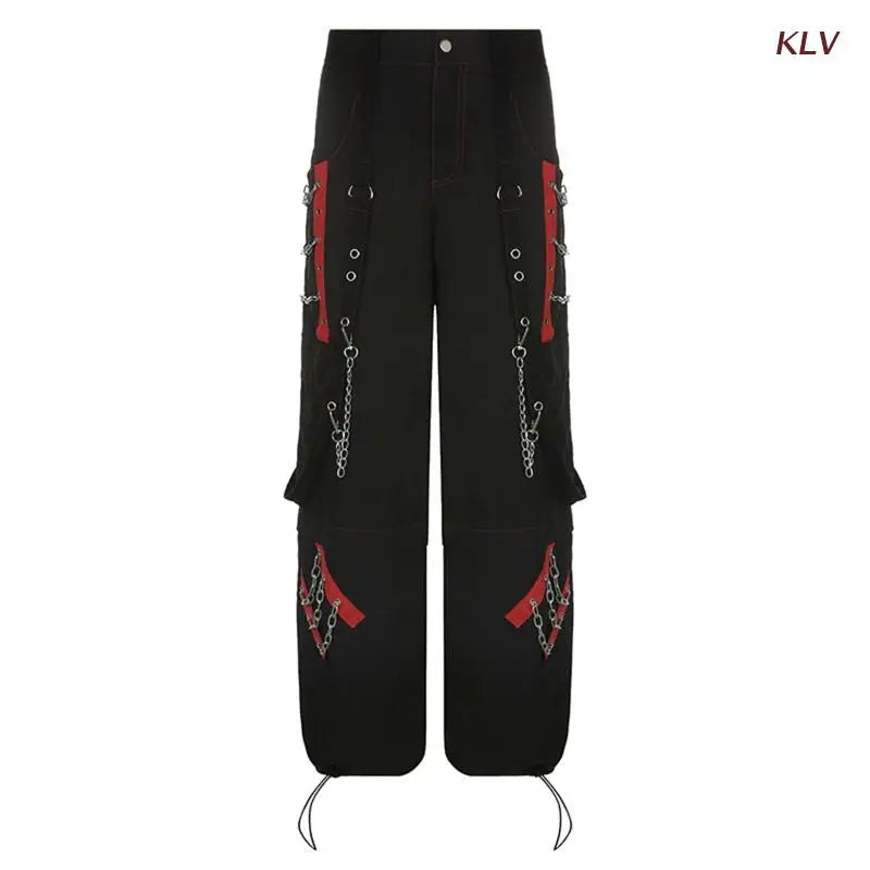 Women Dark Gothic Baggy Cargo Pants Harajuku Punk Colorblock Eyelets Bandage Metal Chain Hip Hop Wide Leg Trousers 6XDA