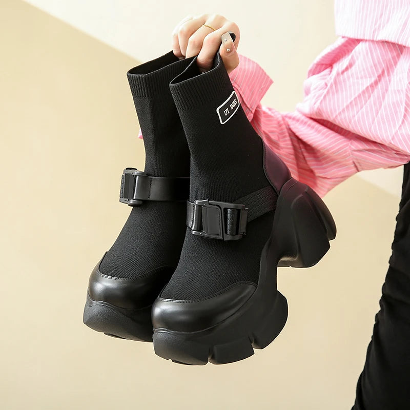 Shoes for Women 2023 Winter Women's Elastic Sock Boots Comfortable Thick-soled Sports Short Boots Round Toe Fashion Goth Shoes