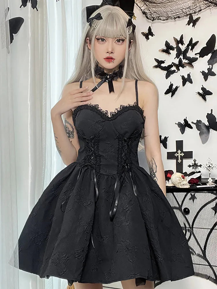 Goth Dark Tie Up Mall Gothic Elegant Women Dresses Grunge Aesthetic Jacquard A-Line Dress Emo Lace Trim Black Party Alt Clothes