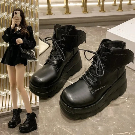 Brand Women Shoes 2024 Winter New Punk Goth Women's Boots Casual Lace Up Platform Boots 43 Large Size Fashion Party Ladies Shoes