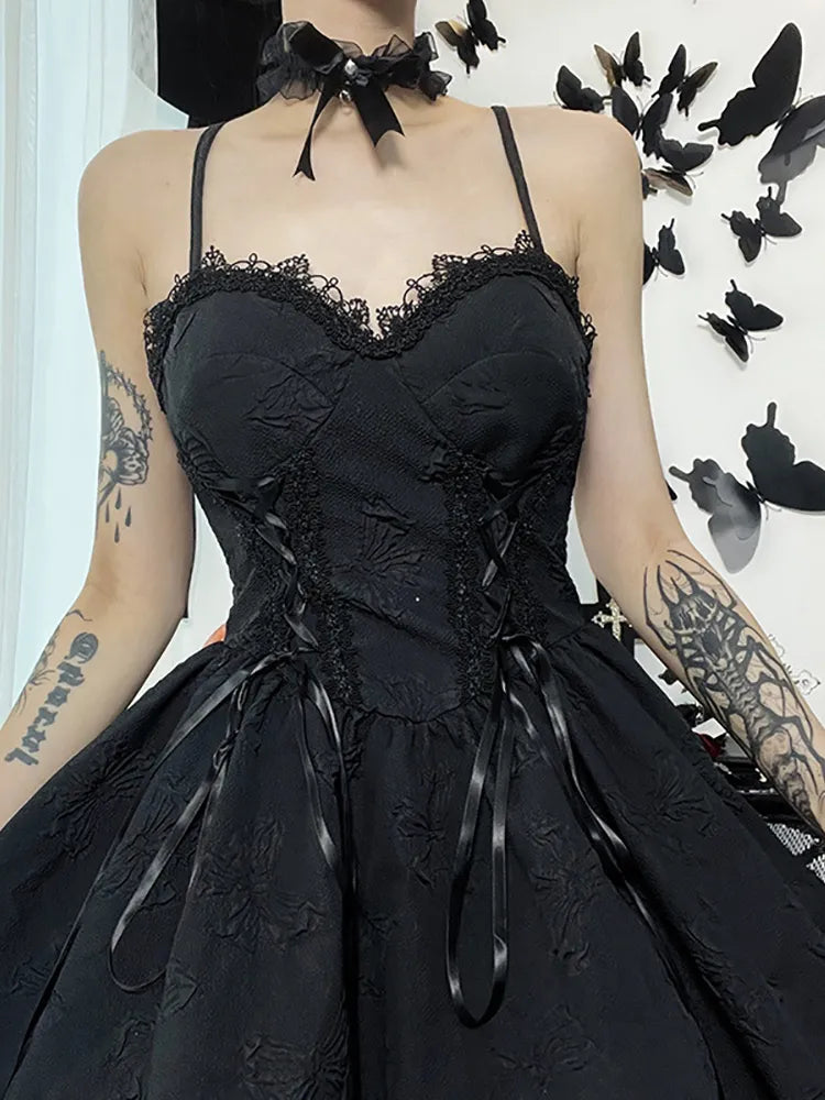 Goth Dark Tie Up Mall Gothic Elegant Women Dresses Grunge Aesthetic Jacquard A-Line Dress Emo Lace Trim Black Party Alt Clothes