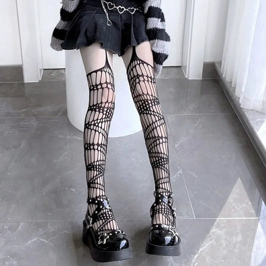 Gothic Lolita Sexy Fishnet Stockings Women Harajuku Emo Alternative Mesh Tights Lingerie Skin Thigh High Garters JK Hosiery