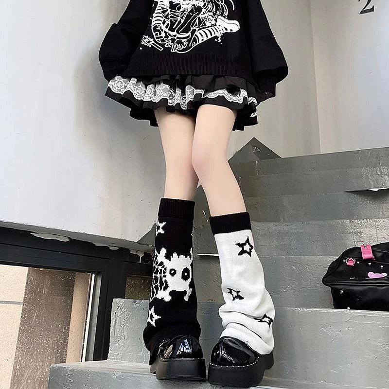 Emo Gothic Leg Warmers Skull Harajuku Kawaii Leg Warmer Striped Knitted Socks Lolita Leg Cover Pile Socks Boot Cuff Boot Sleeves