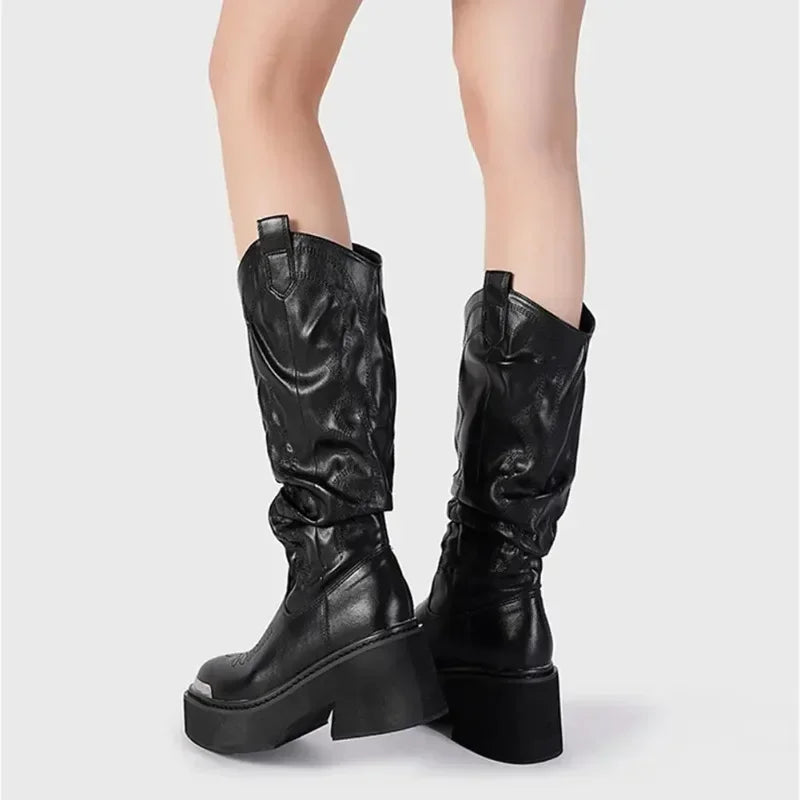 Luxury Brand Motorcycle Women's Calf Boots Platform Chunky High Heels Goth Metal Punk Shoes for Women Winter Comfy Design Boots