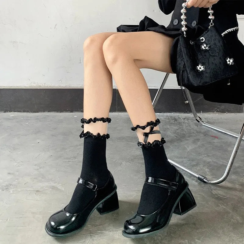 New Design Subculture Gothic Lolita Bowknot Ruffle Lace Cotton Socks JK Fashion Punk Women Soft Cute Anime Princess Long Socks