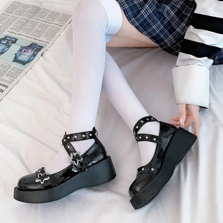 Lolita Shoes for Women Kawaii Cosplay Mary Janes Gothic Shoes Platform Emo Shoes on Heels Women Loli Thick Heel Cross Bandage