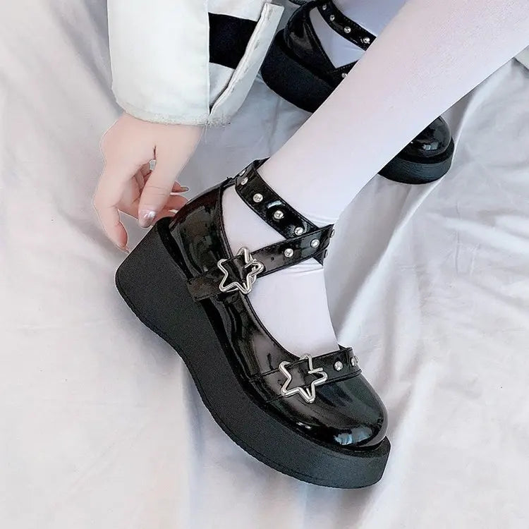 Lolita Shoes for Women Kawaii Cosplay Mary Janes Gothic Shoes Platform Emo Shoes on Heels Women Loli Thick Heel Cross Bandage