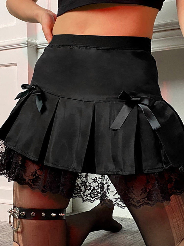 Goth Dark Lace Gothic High Waist Pleated Mini Skirts Harajuku Black E-Girl Sweet A-Line Micro Skirt Patchwork Women Sexy Party