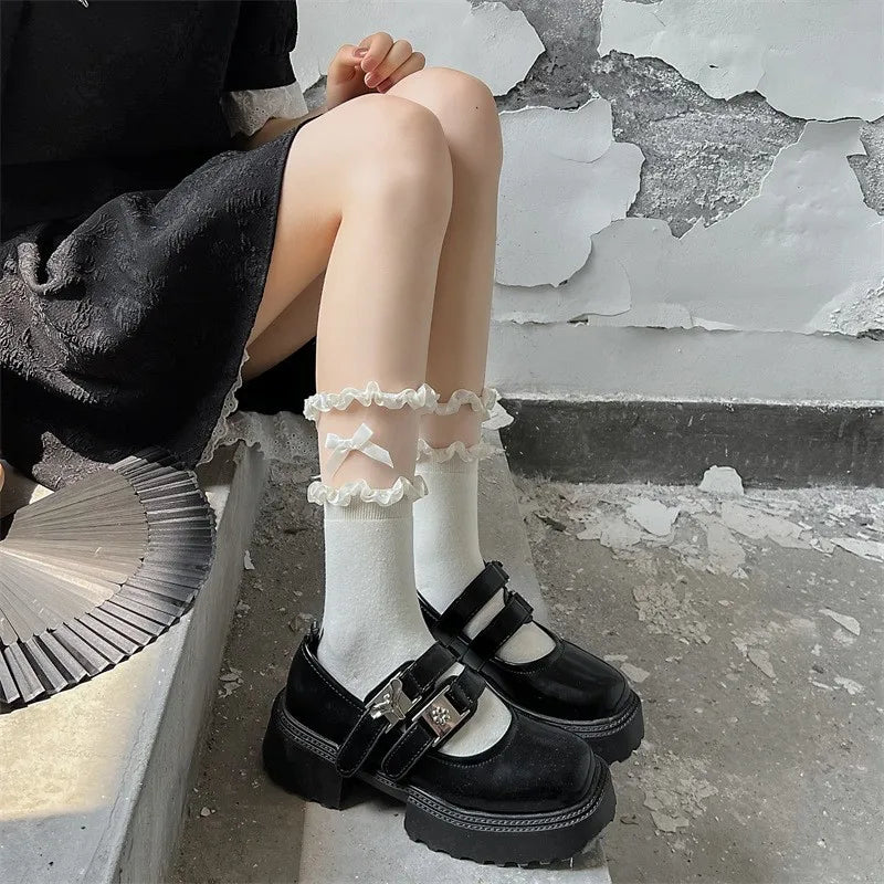 New Design Subculture Gothic Lolita Bowknot Ruffle Lace Cotton Socks JK Fashion Punk Women Soft Cute Anime Princess Long Socks