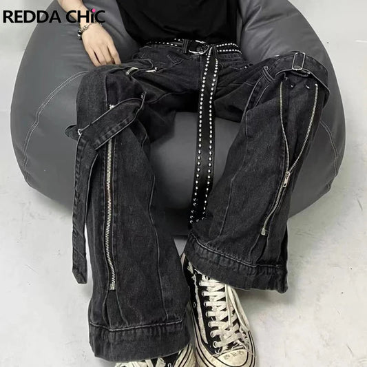 ReddaChic Acubi Fashion Pants Black Women Baggy Jeans with Zipper Slit 2-Strip Cyberpunk Y2k Grunge Goth Trousers Emo Streetwear