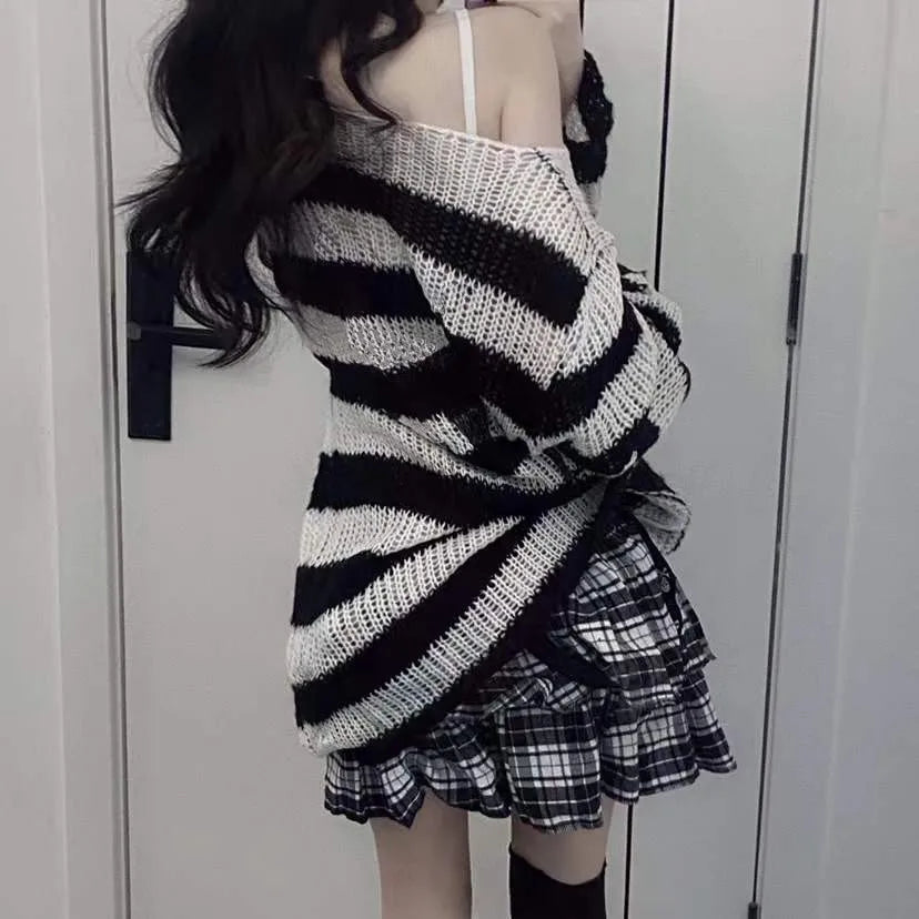 Karrcat Punk Gothic Long Sweater Women Dark Aesthetic Striped Pullovers Hollow Out Oversized Grunge Jumpers Emo Alt Clothes Y2k