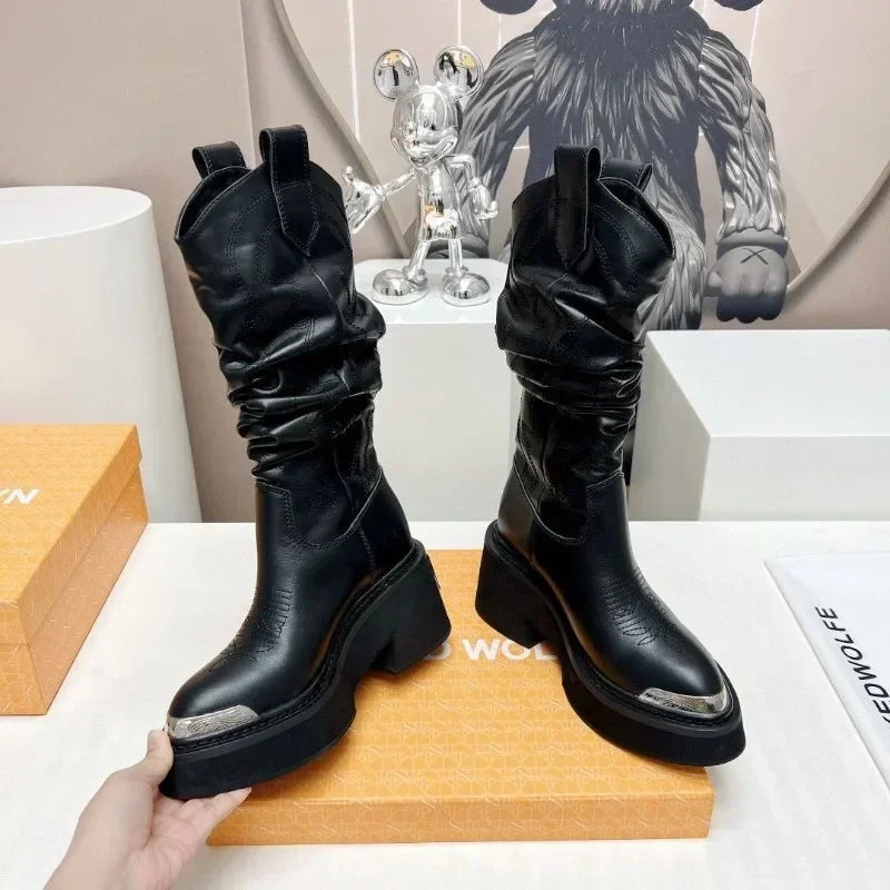 Luxury Brand Motorcycle Women's Calf Boots Platform Chunky High Heels Goth Metal Punk Shoes for Women Winter Comfy Design Boots