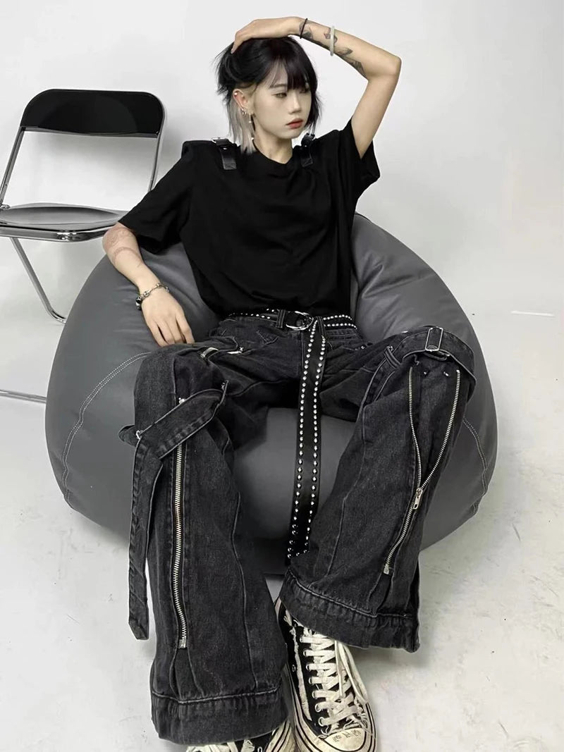 ReddaChic Acubi Fashion Pants Black Women Baggy Jeans with Zipper Slit 2-Strip Cyberpunk Y2k Grunge Goth Trousers Emo Streetwear