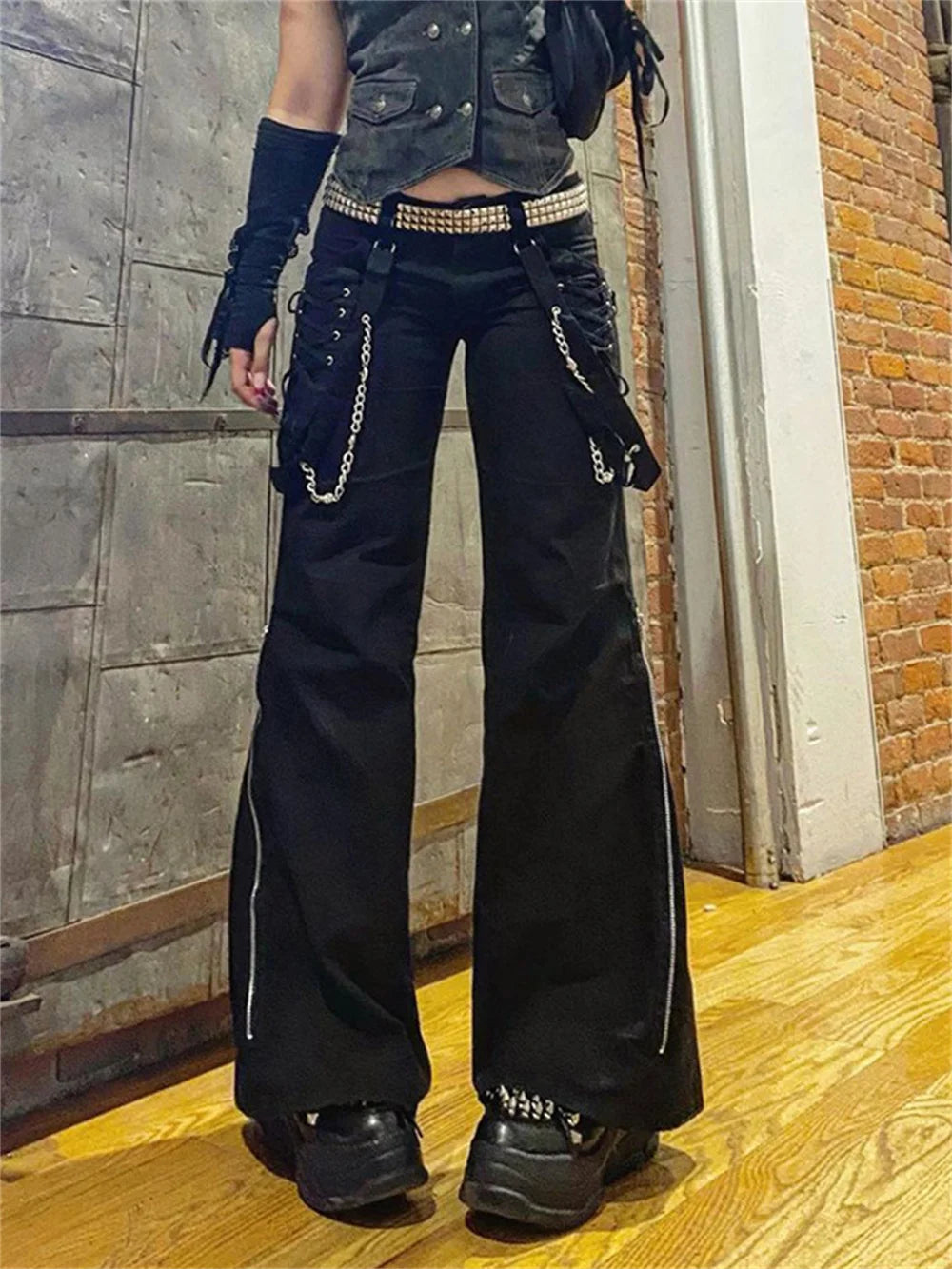 Gothic Alt Black Cargo Pants Chain Rock Punk Cyber Techwear Trousers Womem Low Waist Jogger Tie Up Wide Leg Pants Cyberpunk Pant