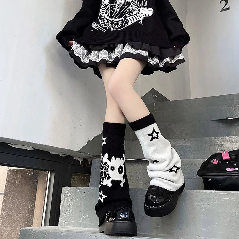 Emo Gothic Leg Warmers Skull Harajuku Kawaii Leg Warmer Striped Knitted Socks Lolita Leg Cover Pile Socks Boot Cuff Boot Sleeves