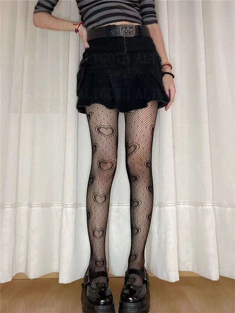 AltGoth Mall Goth Heart Tight Sock Women Cyberpunk Vintage Harajuku Sexy Fishnet Stocking Y2k Emo Alterntive Grunge Lolita Socks