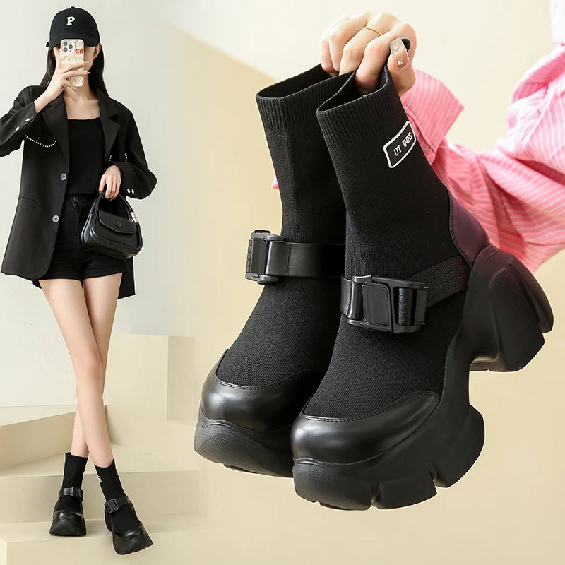 Shoes for Women 2023 Winter Women's Elastic Sock Boots Comfortable Thick-soled Sports Short Boots Round Toe Fashion Goth Shoes