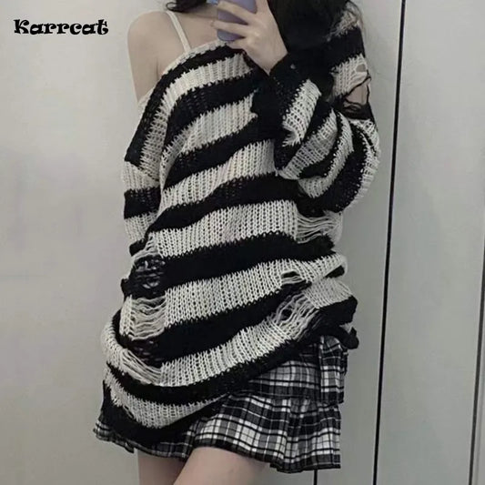 Karrcat Punk Gothic Long Sweater Women Dark Aesthetic Striped Pullovers Hollow Out Oversized Grunge Jumpers Emo Alt Clothes Y2k