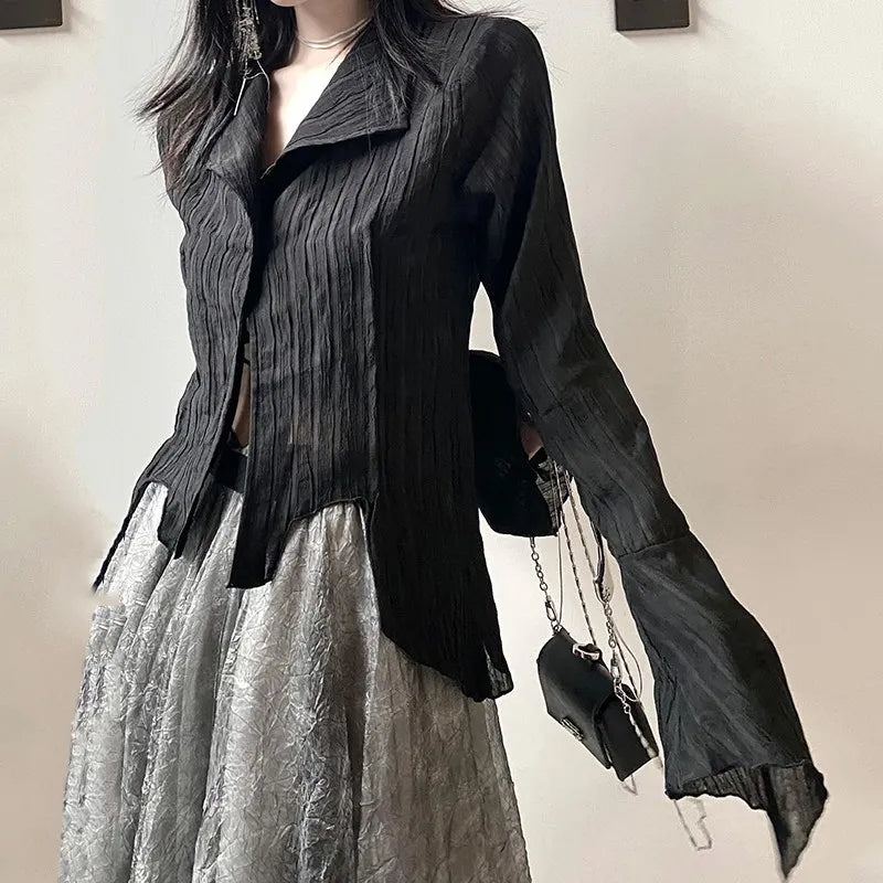 Karrram Gothic Black Shirt Yamamoto Style Dark Aesthetic Blouse Women Irregular Designer Clothes Emo Alt Clothes Grunge Tops Y2k