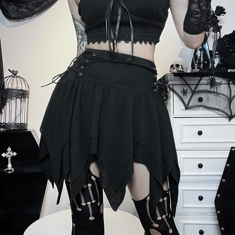 Goth Dark Bandage Side Pointed Hem Mini Skirt Grunge Style Black High Waist A-line Skirt Punk Emo Sexy Women Alternative Bottoms