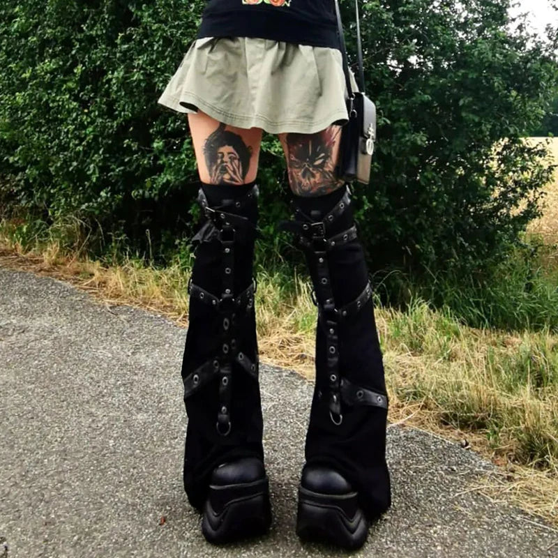 Dourbesty 2000s Punk Leg Warmers Academia Mall Goth Knee Sleeves Bandage Leg High Boot Stockings Full Length Women Socks y2k