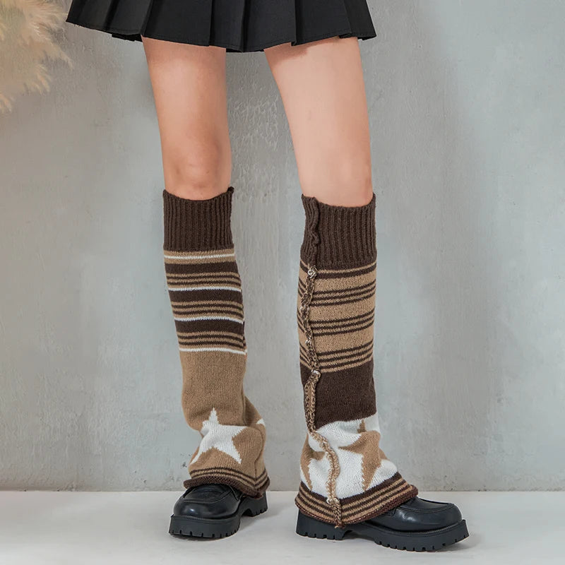 Emo Goth Leg Warmers y2k Aesthetic Women Striped Star Pattern Knit Leg Sleeves Grunge Harajuku Leg Socks Accessories