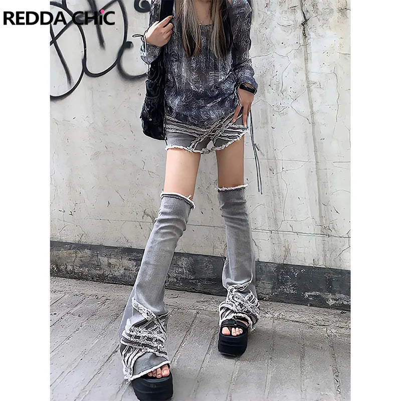 ReddaChic Gyaru Japanese Y2k Harajuku Emo Gray Denim Shorts and Knee-long Socks Women Leg Warmers 2-Piece Set Girl Acubi Fashion